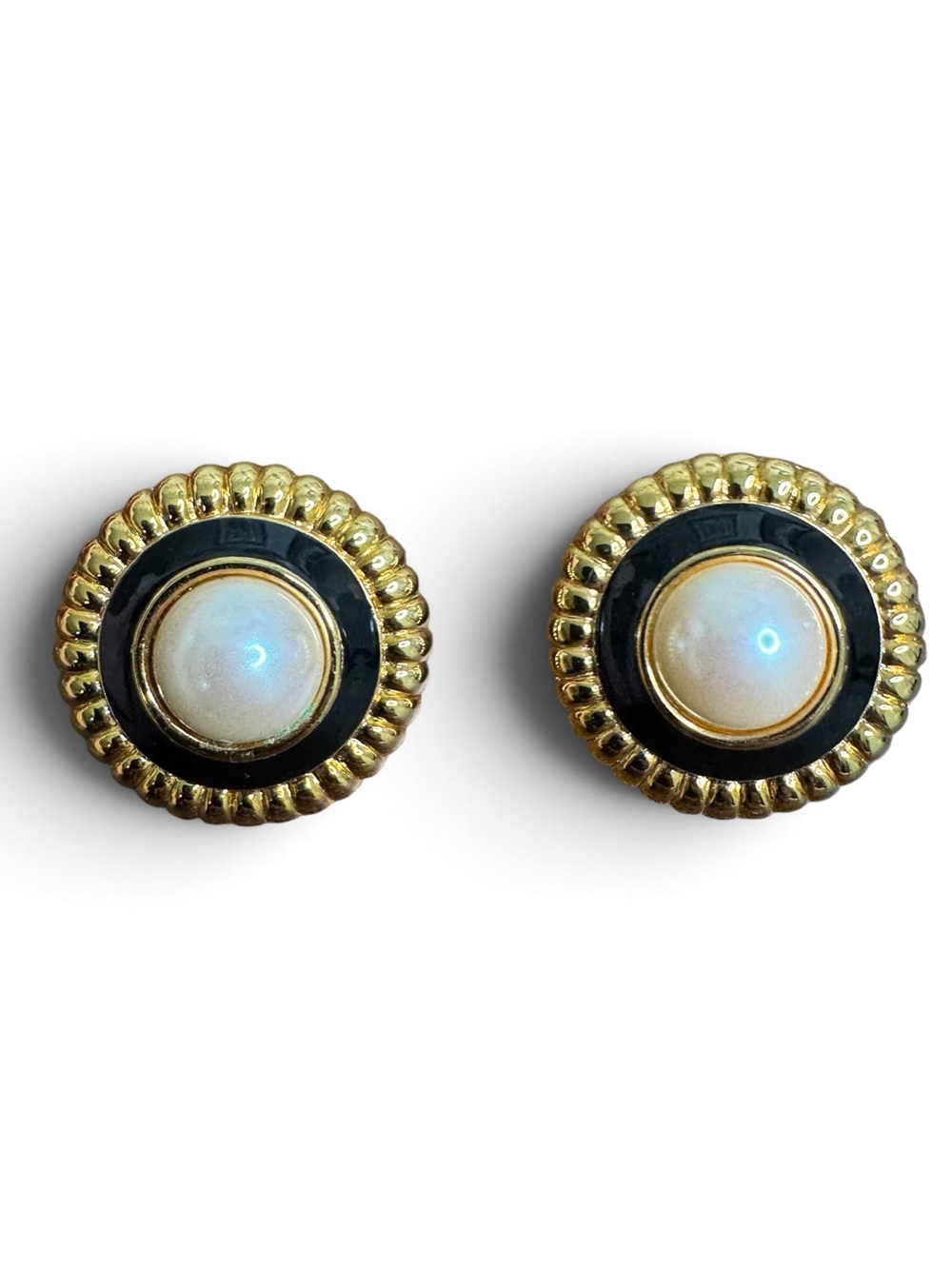 Monet Gold Plated Black Enamel Faux Pearl Post Earrings Corporate Chic Runway